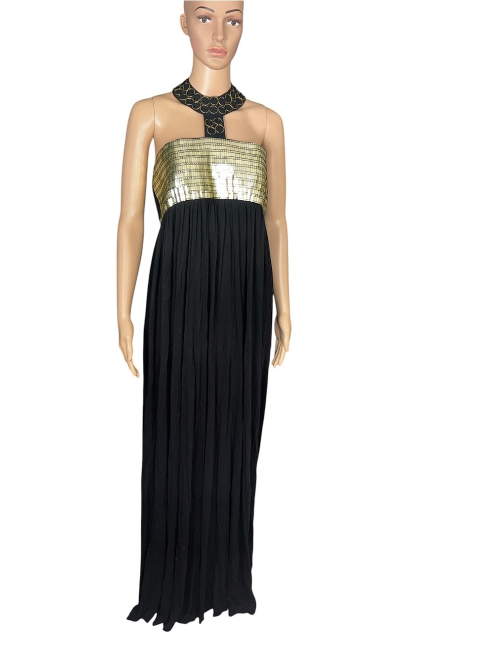 NWT Ai Authentic Icon Womens L Black Gold Sequin Y2K Boho Halter Maxi Dress New